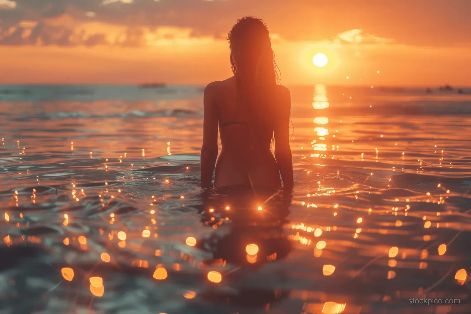 Silhouette of a woman standing in shallow ocean water as sunset reflects golden light across the waves.