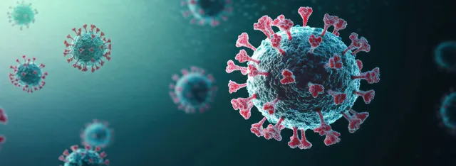 3D coronavirus particles with glossy spike proteins float on a dark teal background.