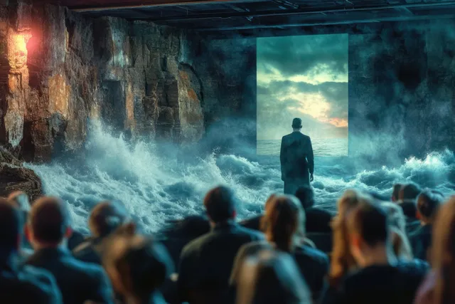 Audience watching a suited man facing crashing ocean waves inside a cave window at dusk
