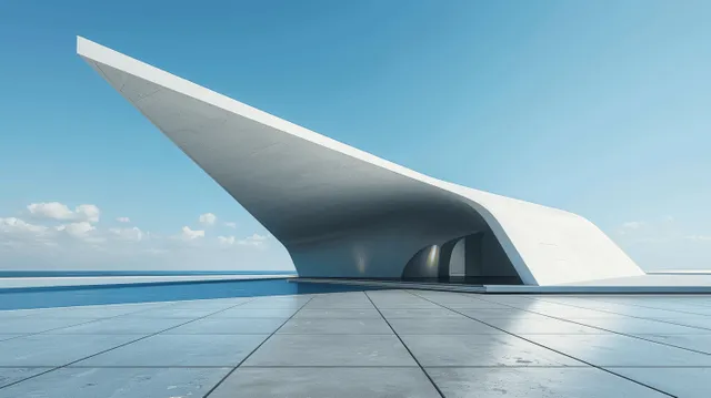 Minimalist concrete building entrance with sweeping overhangs and tiled floor under a clear blue sky.