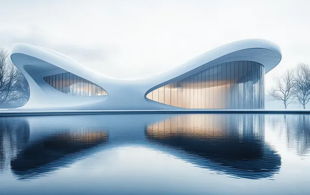 Futuristic white curved building over calm lake, reflecting in misty water under soft sky light