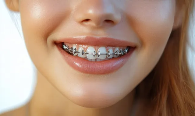 Smiling close-up shows metallic braces on teeth, natural lips, and smooth skin in soft light.