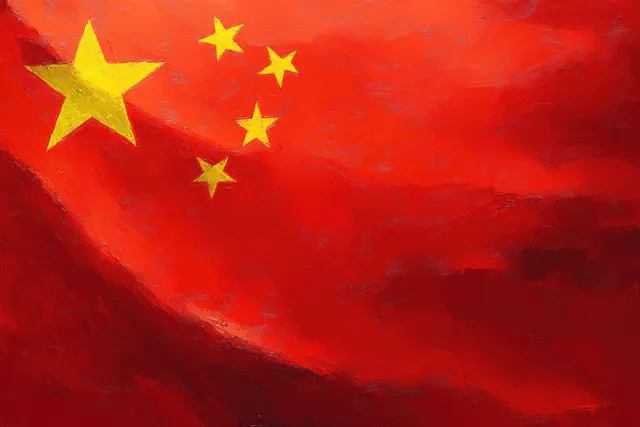 Five yellow stars arc across a red textured background with warm, flag-like symbolism.