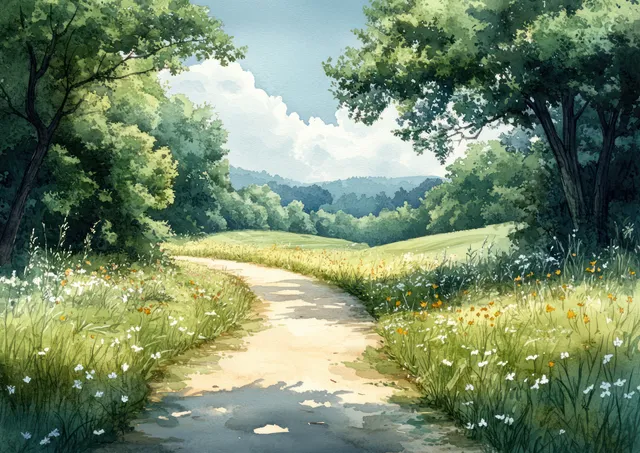 Sunlit dirt path bordered by wildflowers and trees leading toward distant mountains in a watercolor landscape.