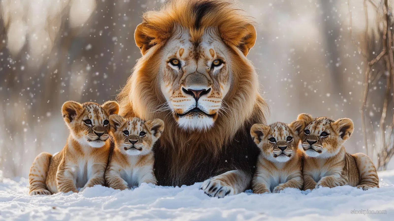 Adult lion rests beside four cubs in snowy ground while snowflakes fall in a winter forest background.