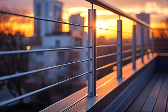 Balcony metal railing in the foreground with a glowing sunset skyline and blurred city buildings in the background.