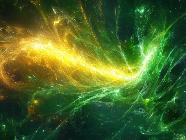 Swirling green and yellow fractal plasma energy field spreading through dark cosmic space