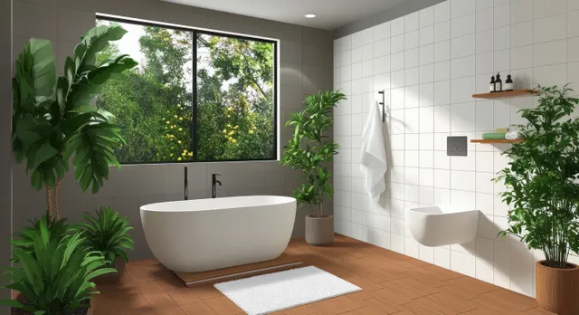 Freestanding bathtub under large window with greenery view and minimalist wooden floor details