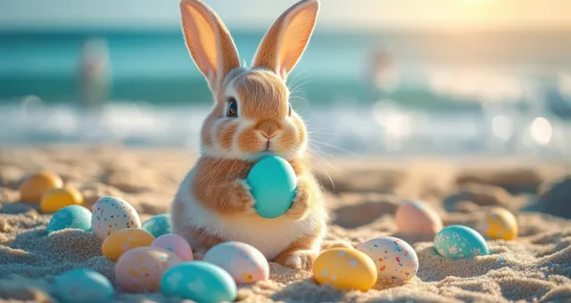 Brown and white rabbit holding a blue Easter egg on a sandy beach surrounded by decorated eggs.