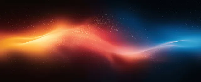 Blurred nebula gradient with red, orange, blue and yellow glowing waves against a dark outer space backdrop.