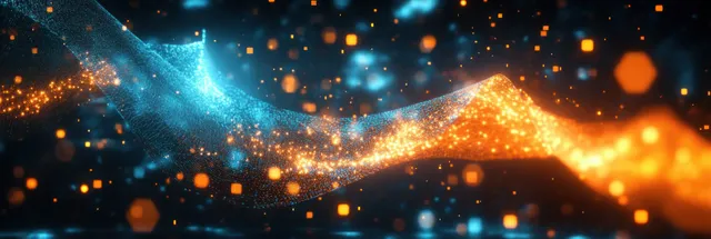 A flowing blue and orange particle wave with hexagonal mesh glows over a dark background filled with scattered light points.