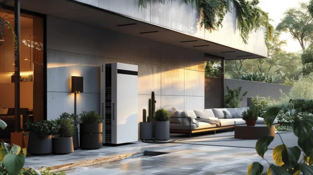 A white outdoor home battery storage unit stands beside a modern house entrance with potted plants and warm daylight.