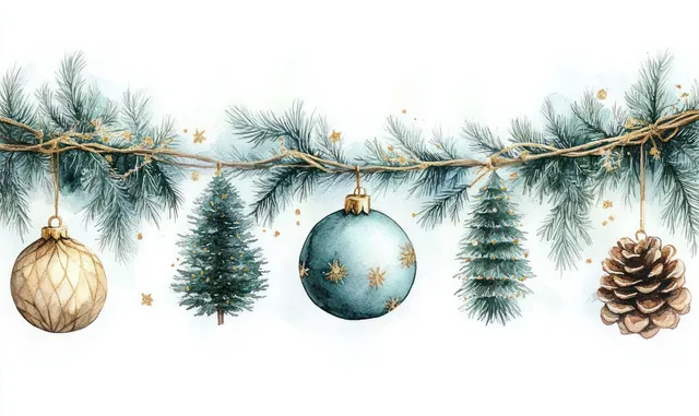 Watercolor pine garland border with hanging gold and teal Christmas ornaments and a pine cone.