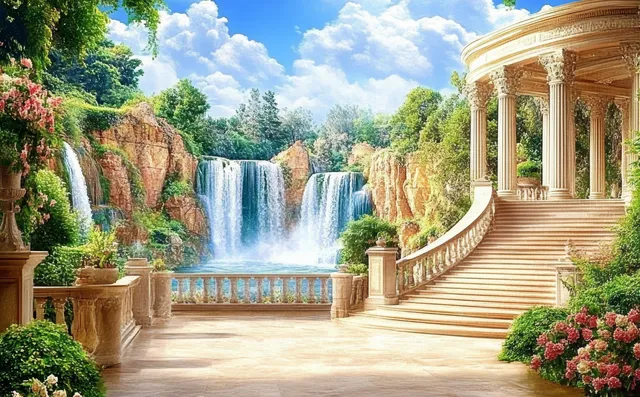 Sunlit classical terrace steps with columns and blooming flowers overlooks cascading waterfalls and green foliage.