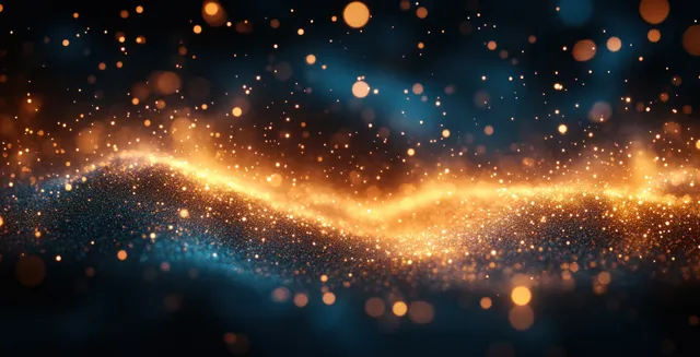 Turquoise and gold glitter bokeh gradient with sparkling light trail and floating particles
