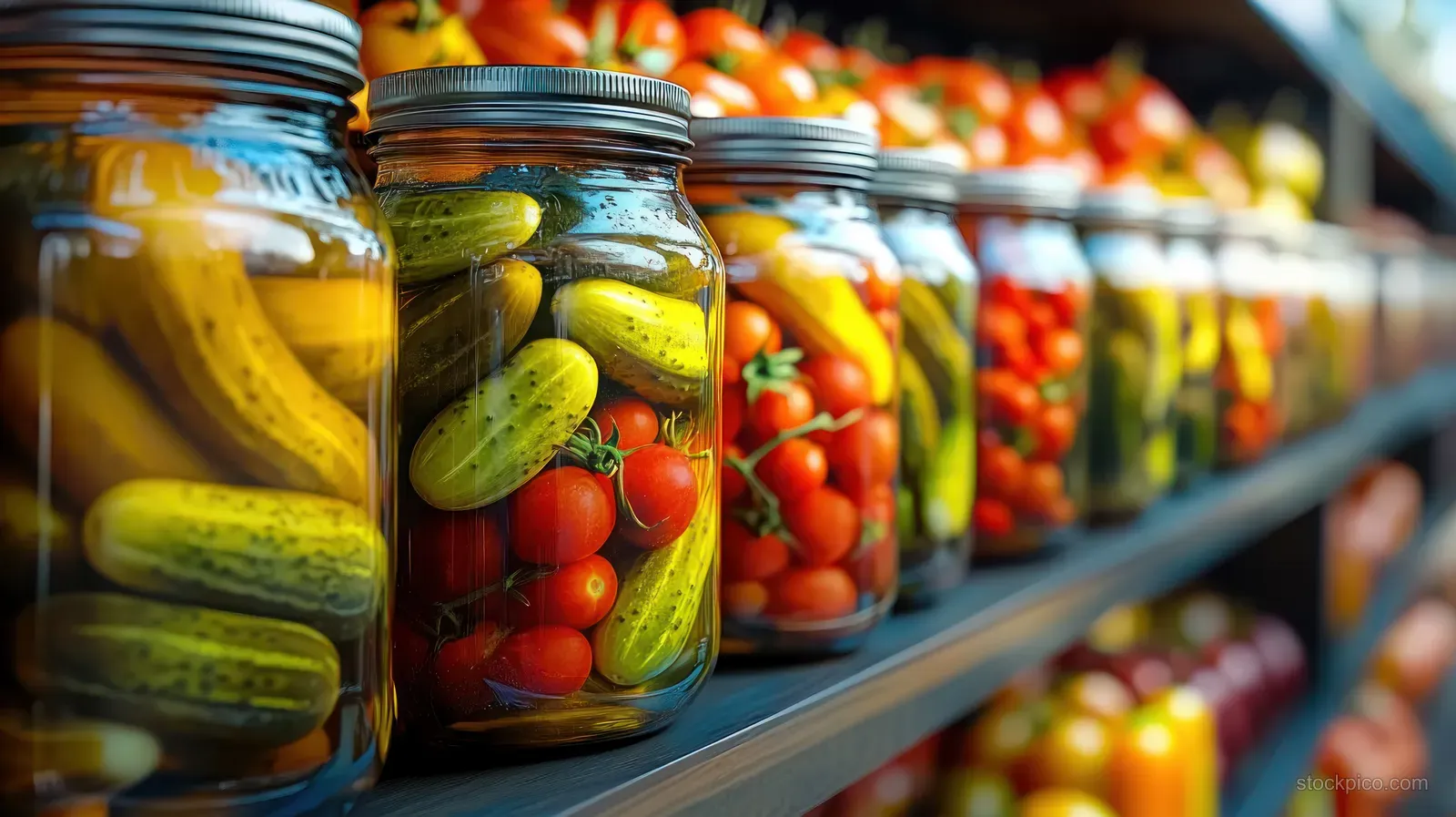 Glass jars of pickled cucumbers and cherry tomatoes neatly arranged on a kitchen shelf.