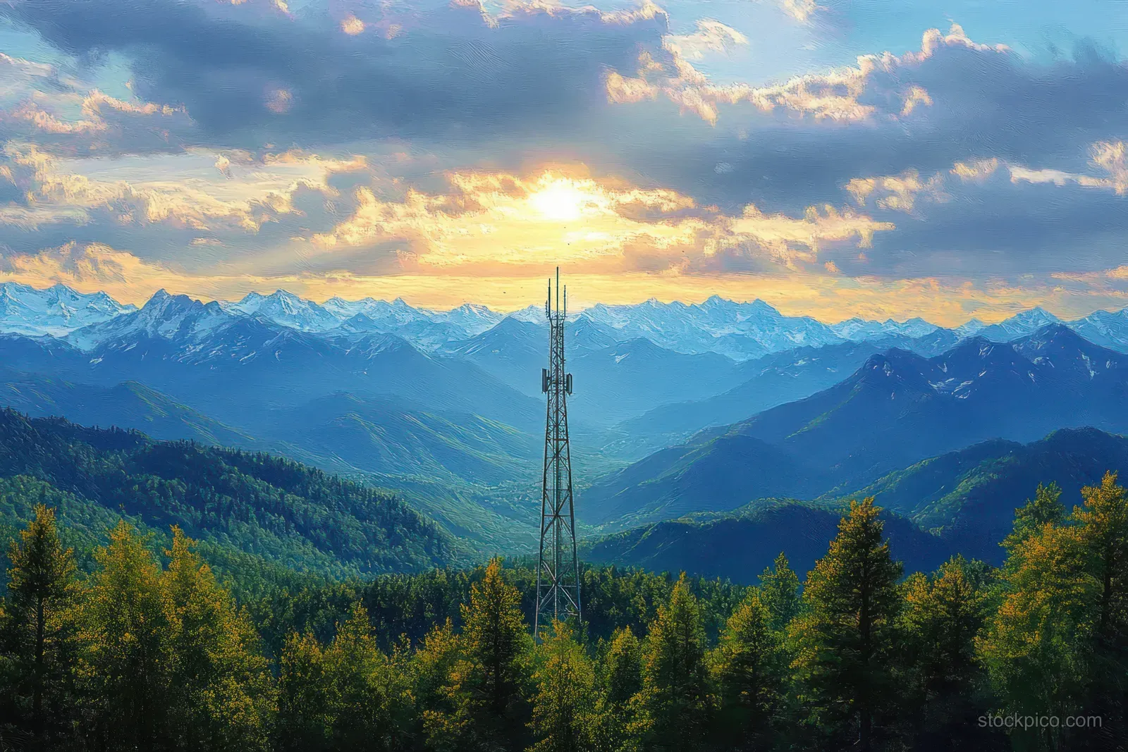 A tall communications tower rises from a forested mountain valley during a warm sunset with distant snowcapped peaks.