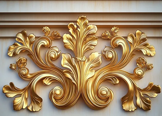 A golden baroque floral ornament with curling scrolls and embossed leaves on a light wall background.