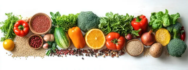 Fresh vegetables and grains flat lay with broccoli, tomatoes, garlic, and colorful produce