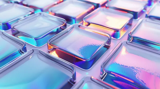 Iridescent glass squares arranged in a tight grid with prismatic reflections on metal