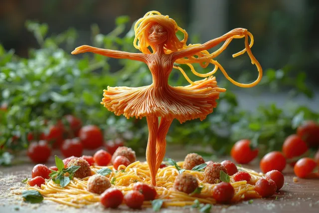 A spaghetti ballerina sculpture dances above cherry tomatoes and herb garnish on a wooden table.