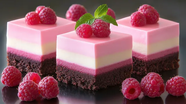 Three square pink and white mousse cakes with dark chocolate layers, topped with raspberries and mint on a reflective surface.