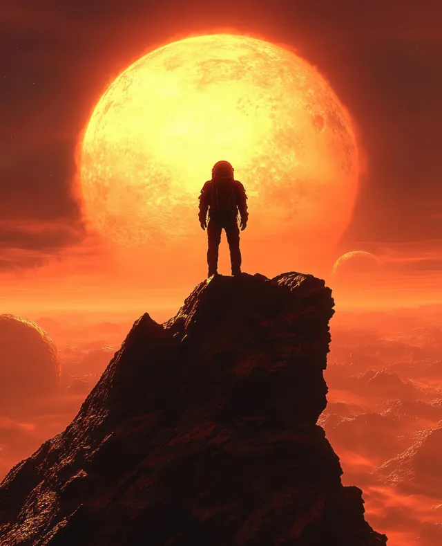 Silhouetted astronaut stands atop a jagged rock peak, gazing at a huge glowing sun in a red alien sky.