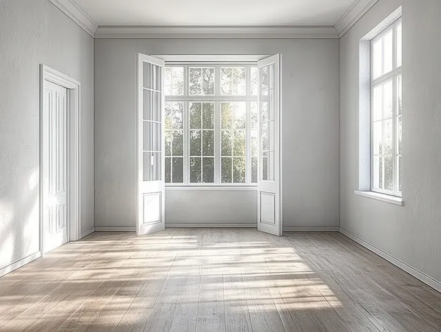 Minimal Scandinavian interior room with an open door, large windows, and sunlight shadows on a pale wooden floor.