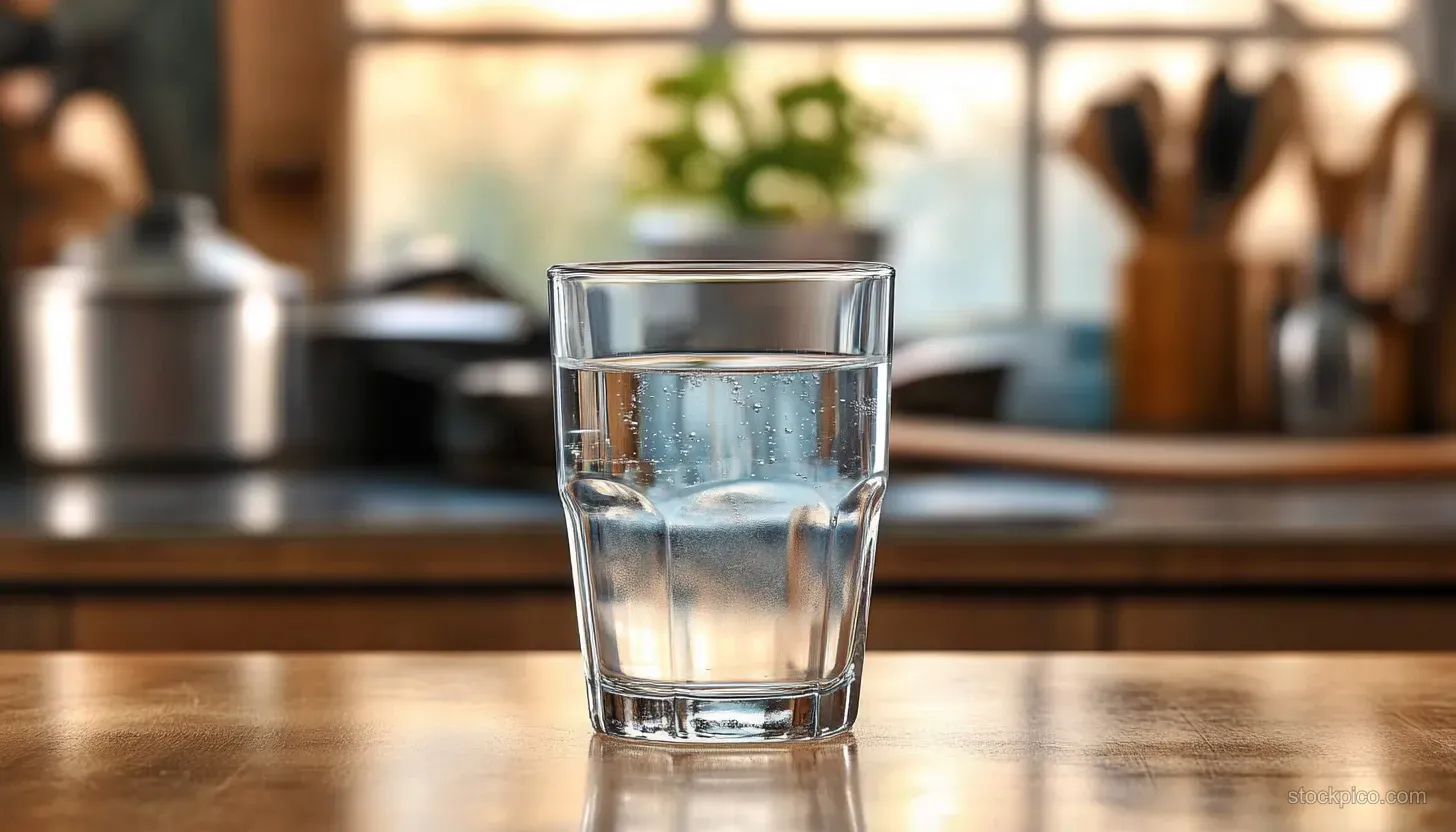 Clear glass filled with sparkling water on a wooden kitchen counter with a blurred kettle and utensils behind.