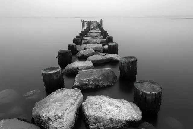 A monochrome scene shows large stepping stones and wooden posts creating a walkway over calm, foggy water, evoking solitude.