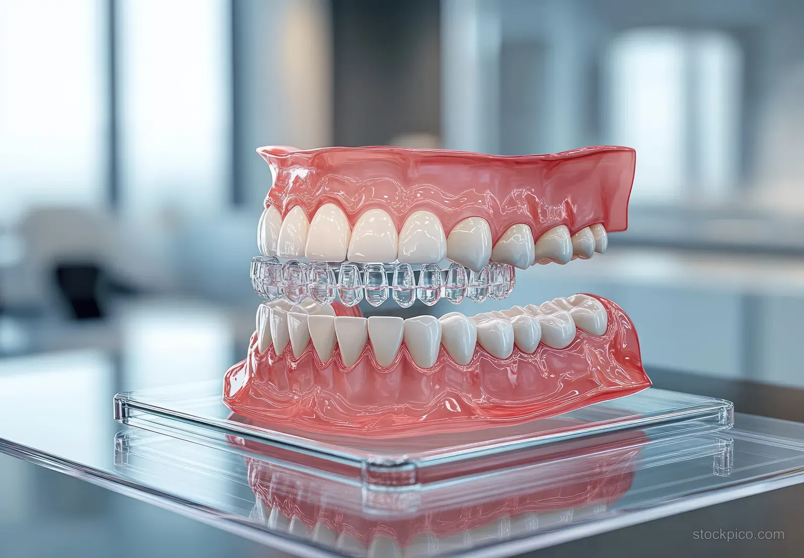 Clear orthodontic aligner placed on a dental model showing corrected tooth alignment in a clinic setting.
