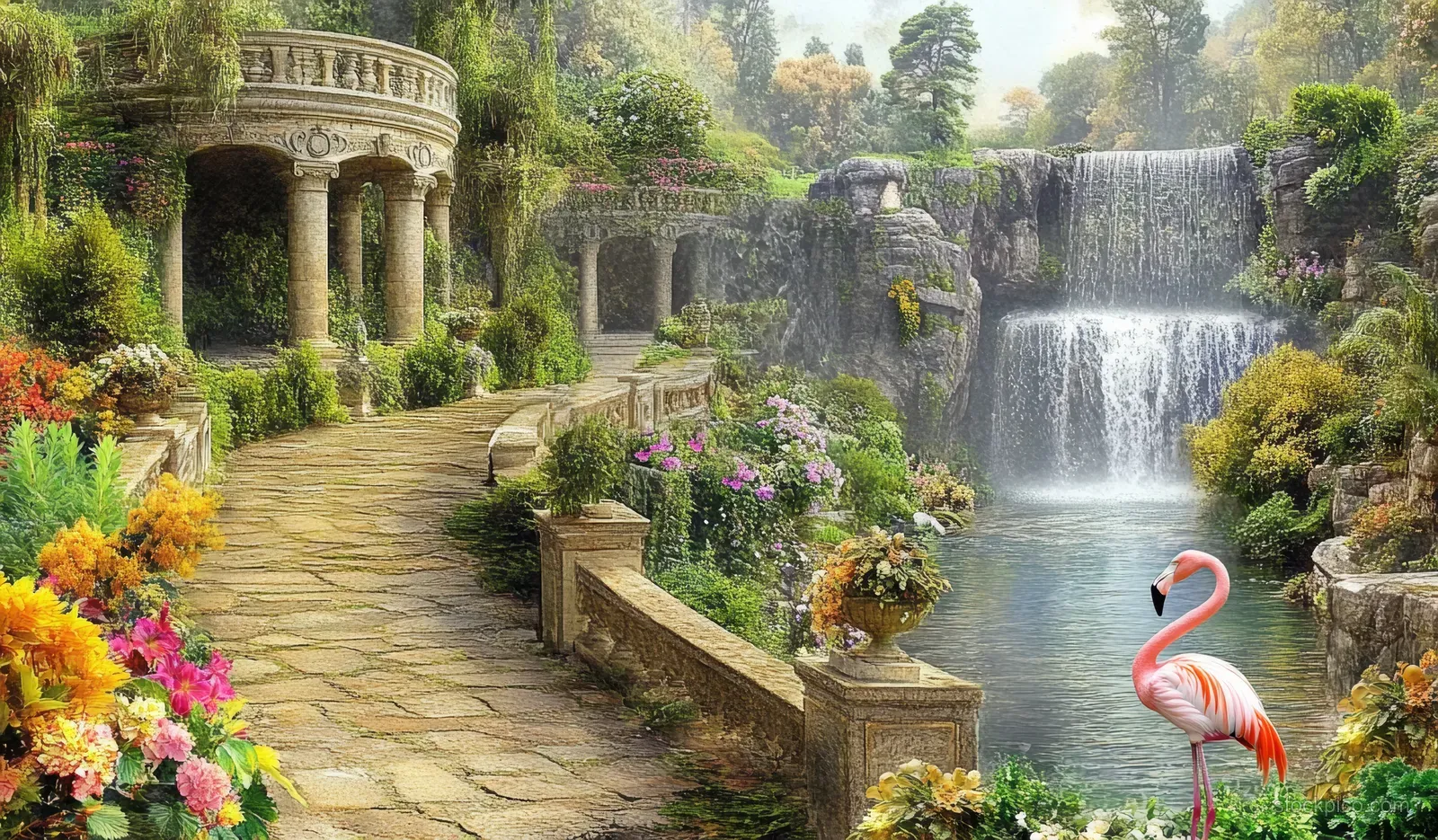 A flamingo stands near a stone bridge and pond beside cascading waterfalls in a lush fantasy garden.