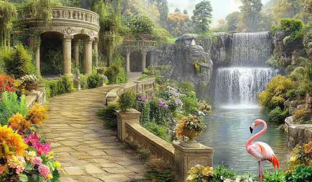 A flamingo stands near a stone bridge and pond beside cascading waterfalls in a lush fantasy garden.