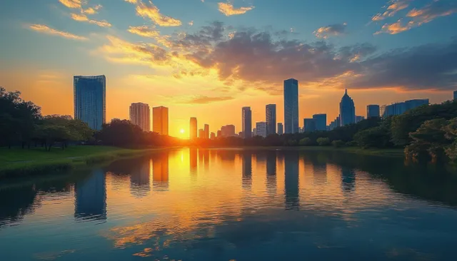 A serene city skyline at sunset with vibrant clouds reflecting in calm water creates a peaceful urban atmosphere.
