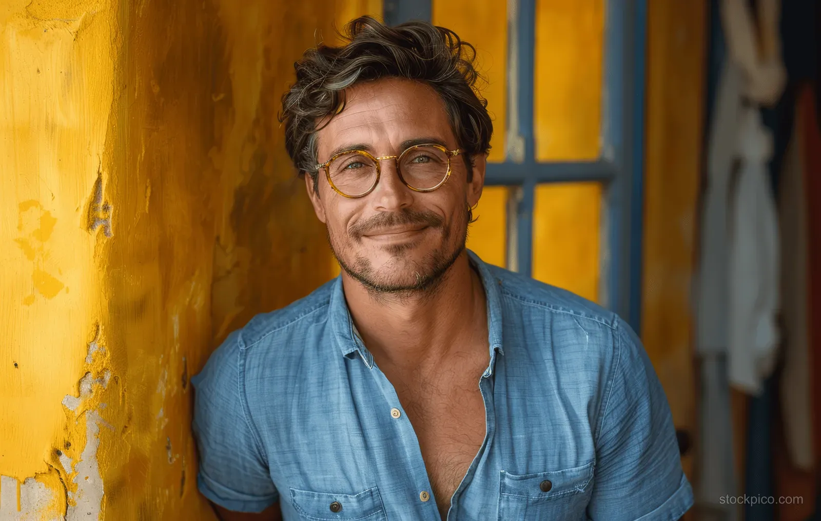 Smiling man wearing glasses and a blue shirt stands against a yellow textured wall.