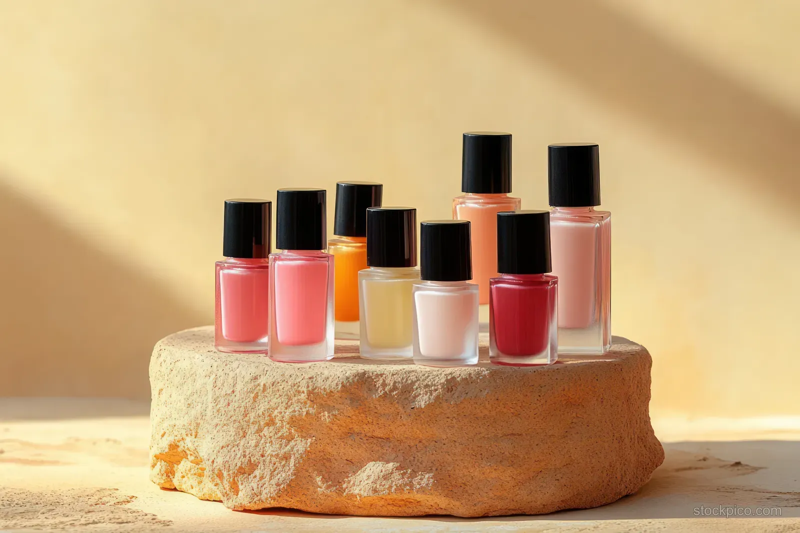 Pastel nail polish bottles lined up on a beige stone pedestal with warm neutral background shadows.