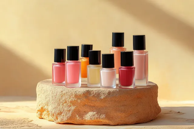 Pastel nail polish bottles lined up on a beige stone pedestal with warm neutral background shadows.