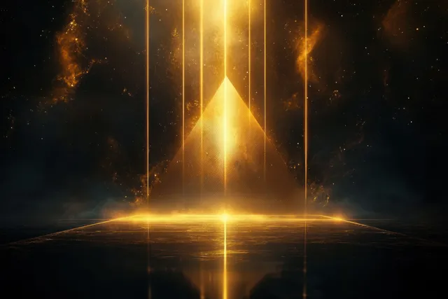 Golden pyramid glowing with vertical light beams and reflections, surrounded by cosmic dust and nebula in a dark space scene.