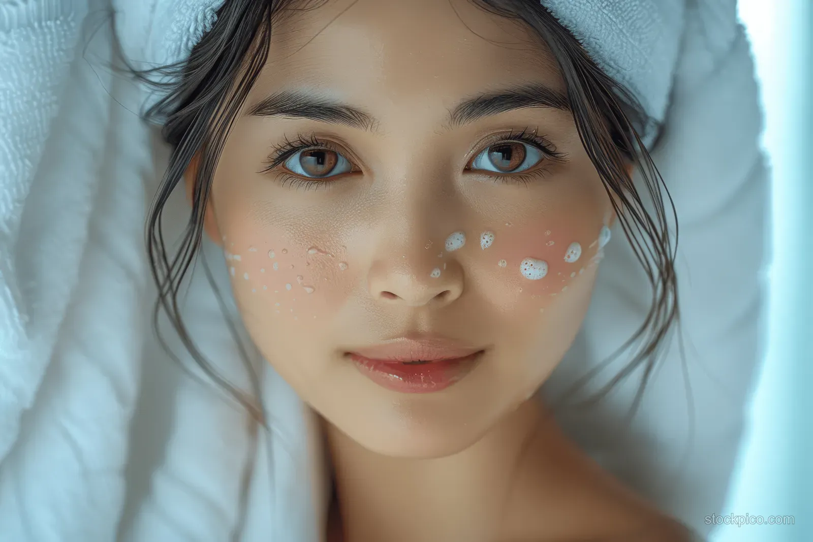 Asian woman wrapped in a white towel applies skincare serum dots on her face in a bright indoor close-up portrait.