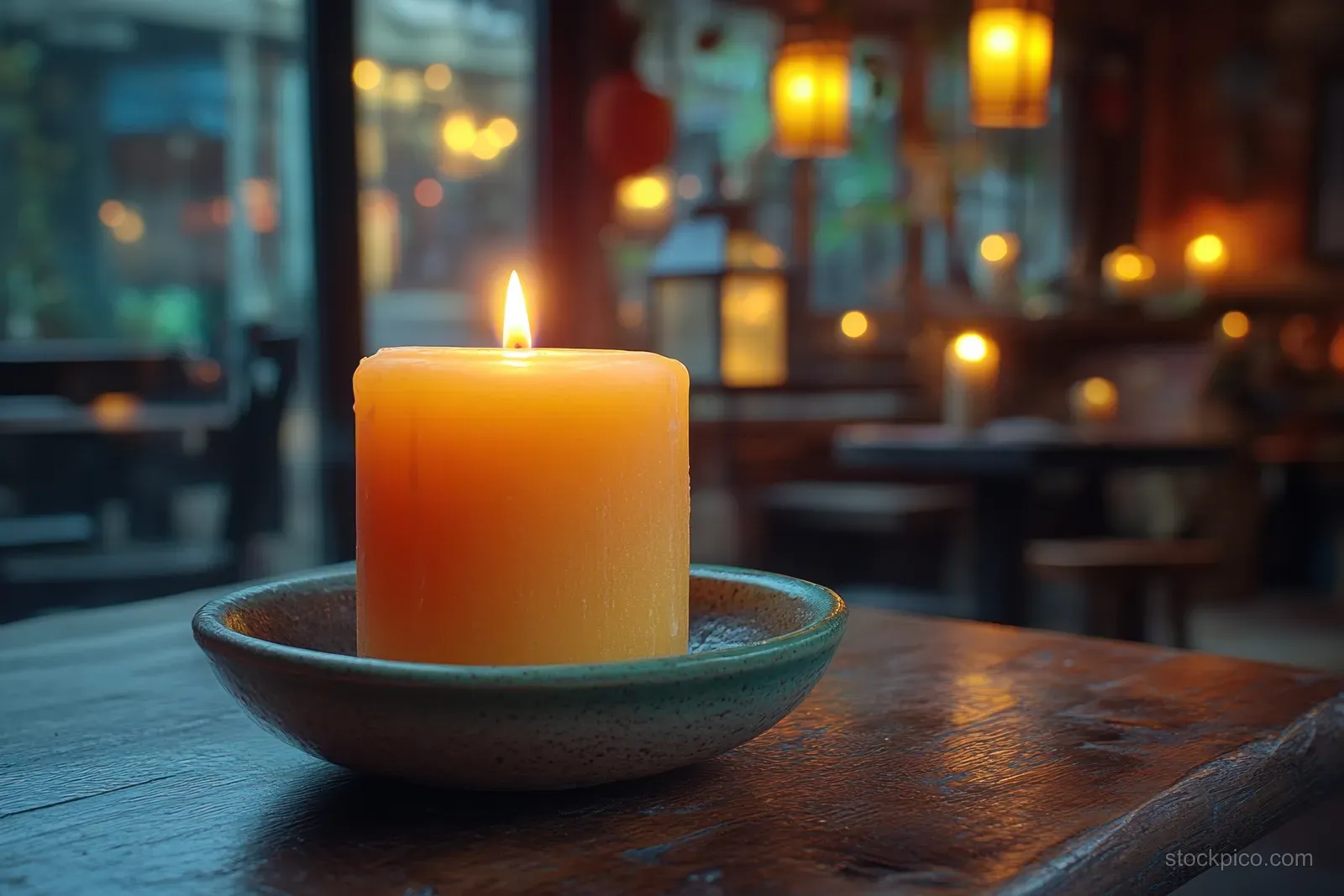 A single lit candle sits in a shallow metal dish on a wooden table as warm lights blur in the background.