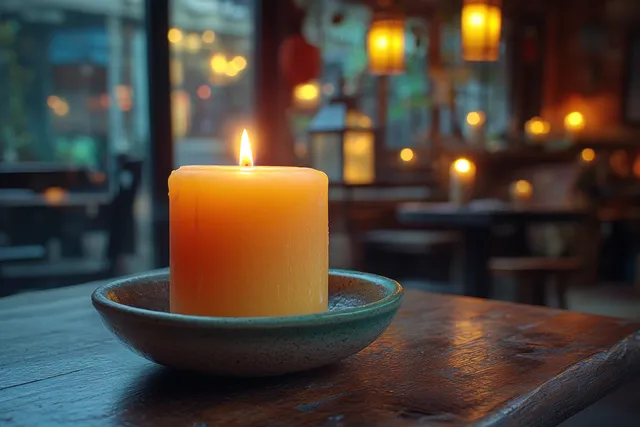 Candle on a metal dish with warm bokeh lights in a quiet church hallway
