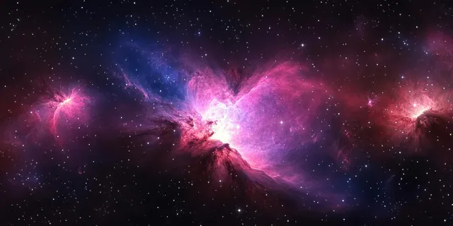 Swirling pink and purple nebula clouds glow across a deep space starfield with scattered bright points.