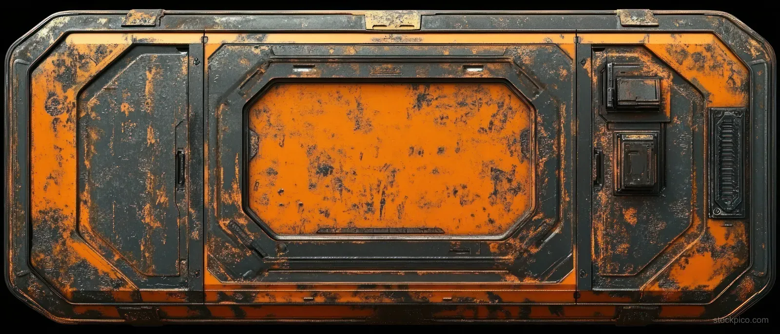 Rusted orange metal panel with black accents and rectangular recessed shapes showing scratches and corrosion.