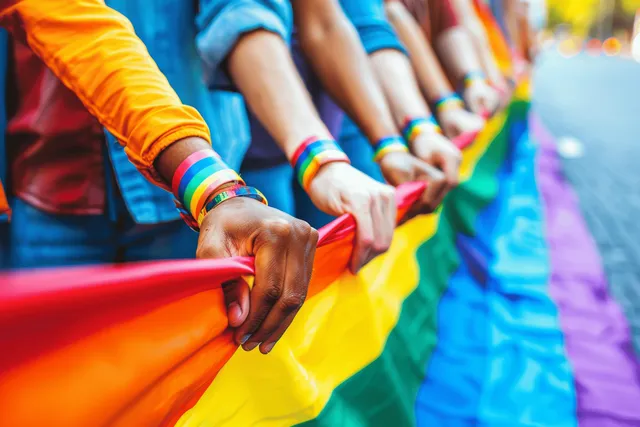 Friends holding LGBTQ pride rainbow flag outdoors, colorful fabric draped along hands