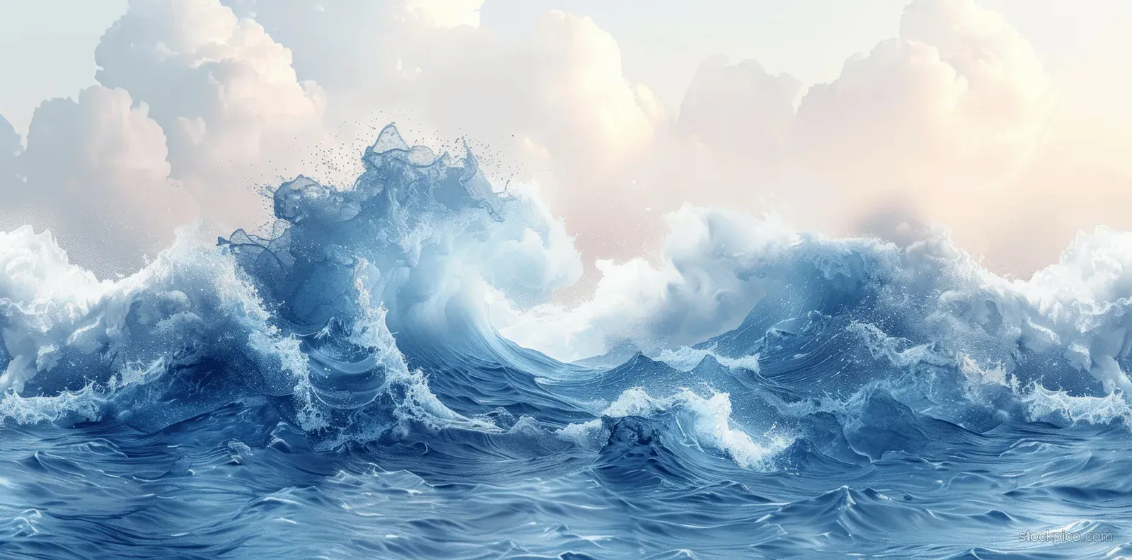 Watercolor ocean waves with teal and turquoise tones crashing beneath a bright sky with clouds.
