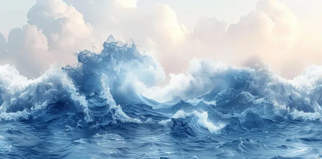 Watercolor ocean waves breaking under bright sky with teal and turquoise splashes