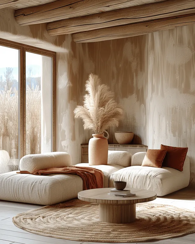 Terracotta corner sofa and round coffee table sit in a warm minimalist living room with pampas grass by large windows.