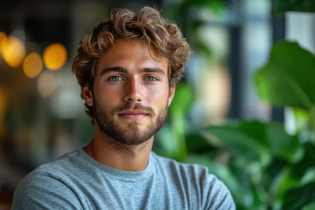 Young man smiling in a modern office with leafy green plants
