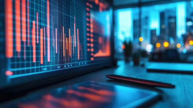 A data analyst desk setup shows KPI charts and dashboards glowing across office monitors.