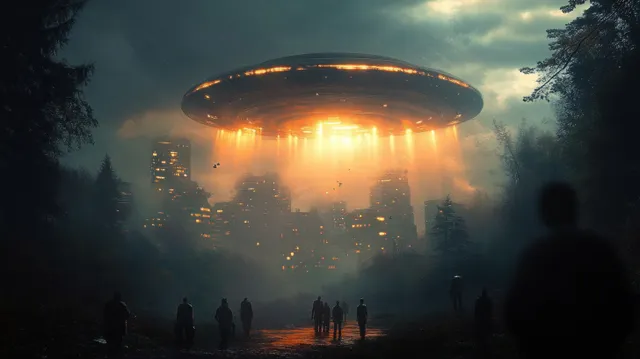 A glowing UFO hovers above a foggy forest path as silhouetted people walk toward it at night.